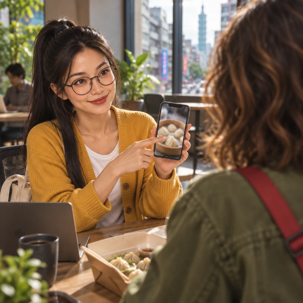 Yi-Jun twists to hold a phone toward Maya and points at a soft image of dumplings on the screen.