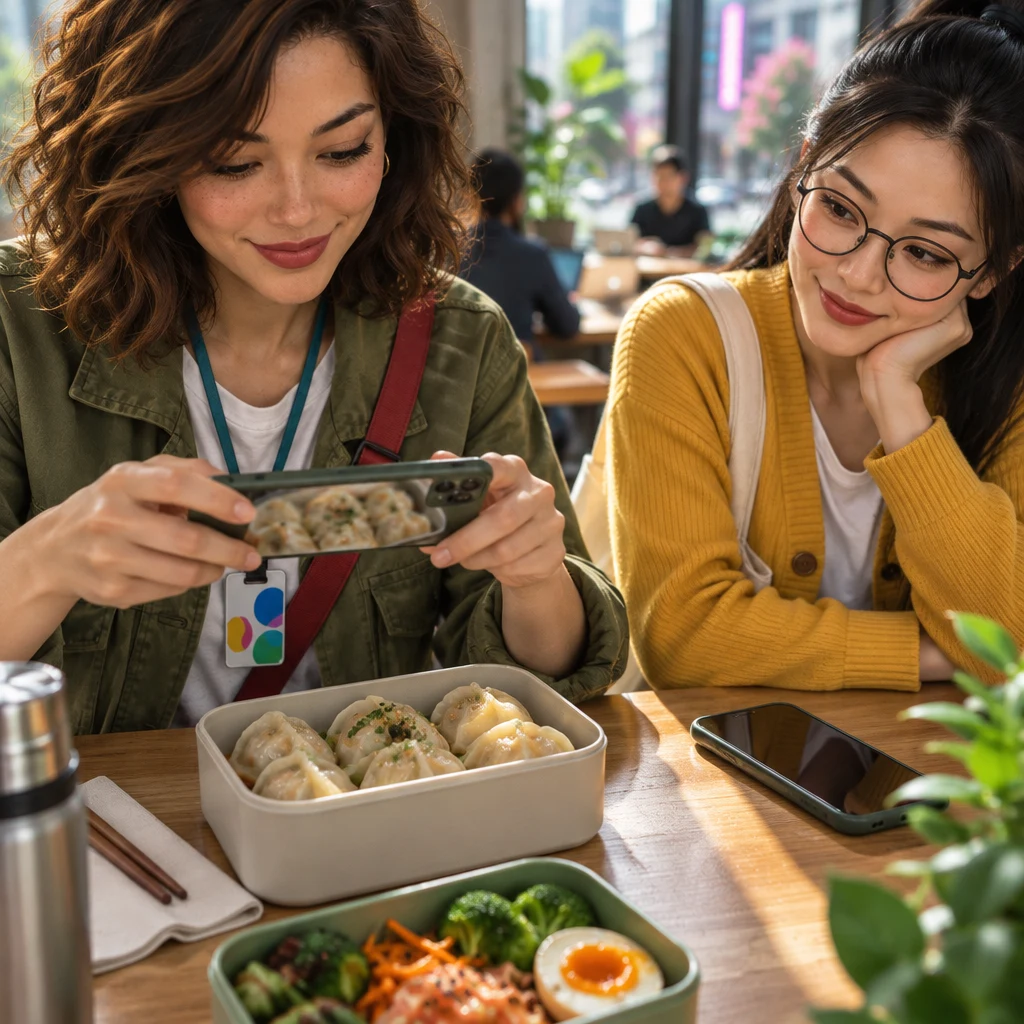 Maya holds a phone over the lunch boxes, the screen showing a matching soft image of dumplings.