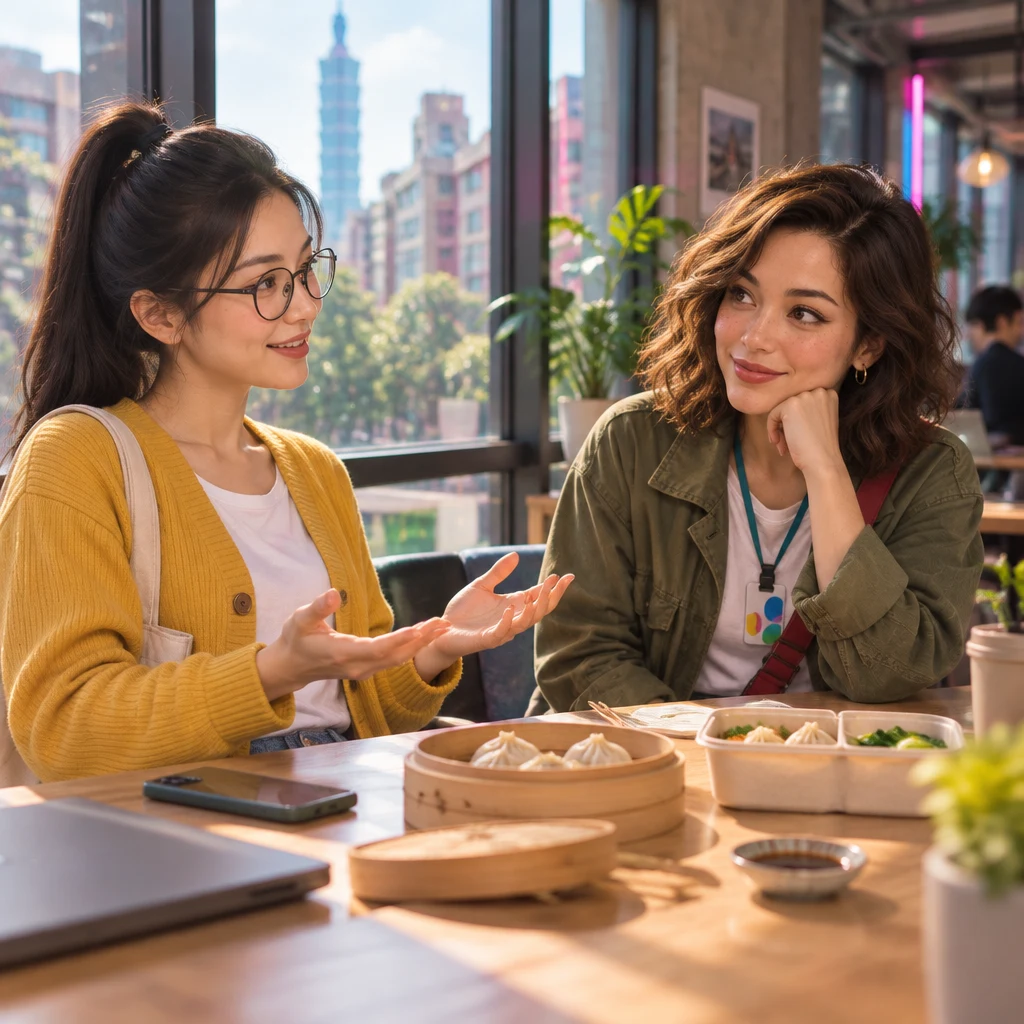 Yi-Jun sits back with open hands, listening in profile while Maya stays across the dumpling boxes.