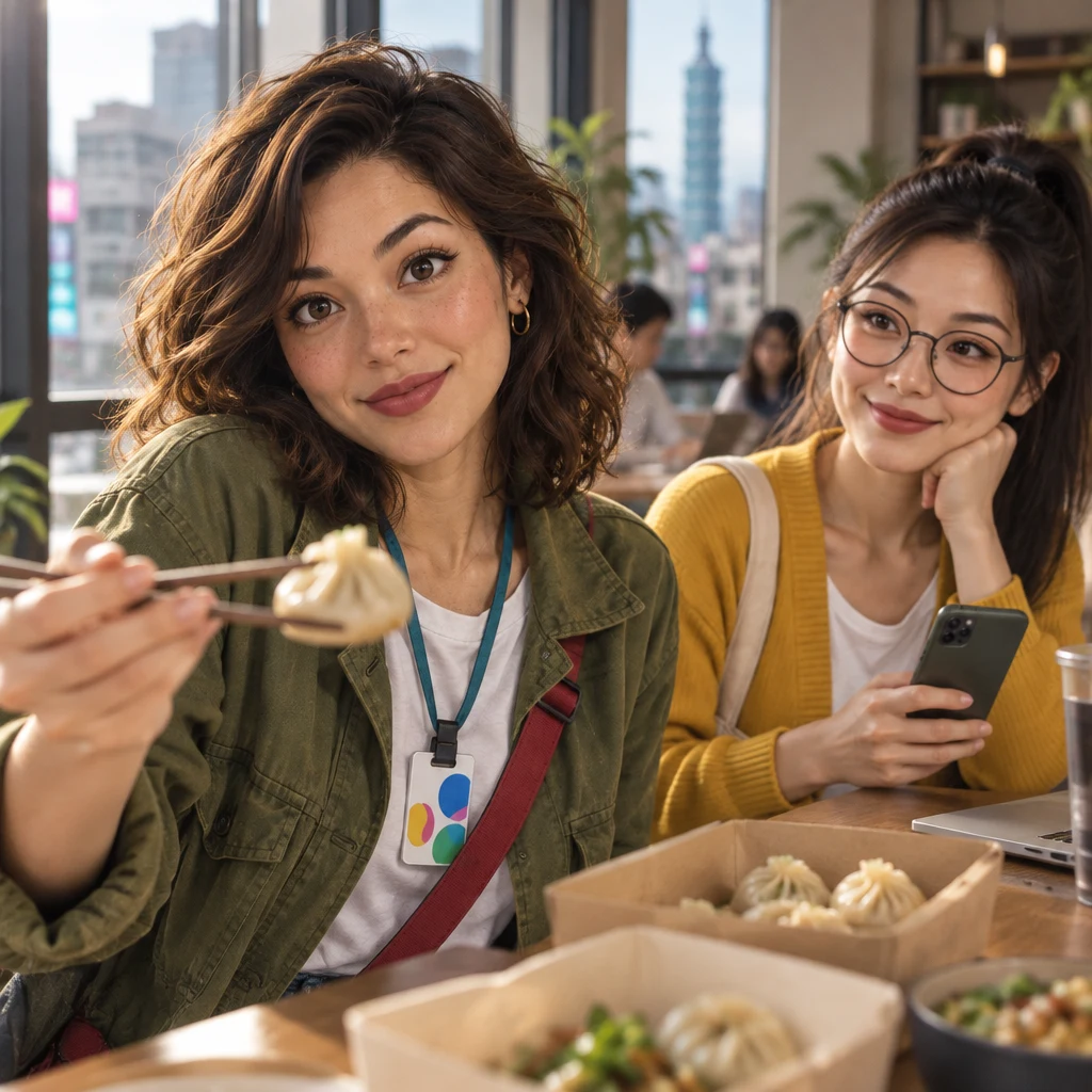 Maya gives a modest one-shoulder shrug and lifts a dumpling toward Yi-Jun.