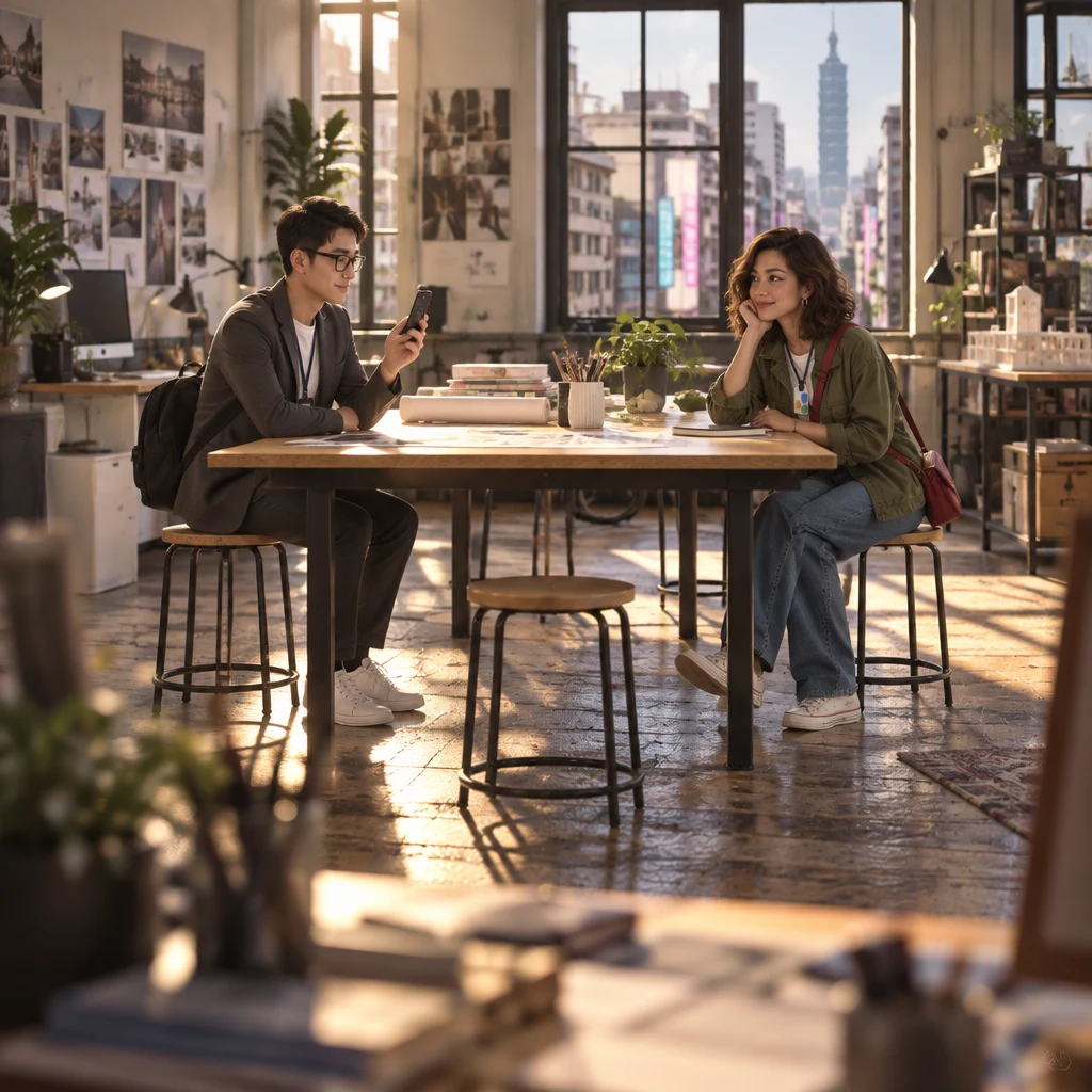Zhi-Ming and Maya sit across a sunlit plywood studio desk while he holds a phone and she waits with a closed notebook.