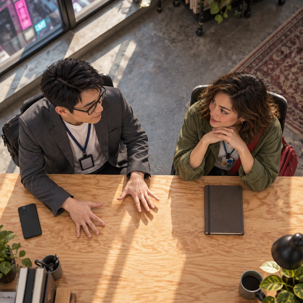 Zhi-Ming sets his phone face-down and spreads both hands flat on the desk toward Maya, settling the plan.