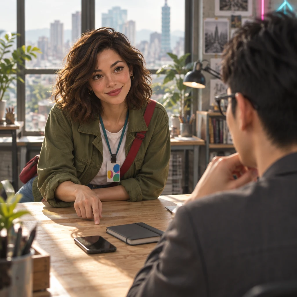 Maya leans forward and taps the desk once with one finger, agreeing to the plan while Zhi-Ming watches.