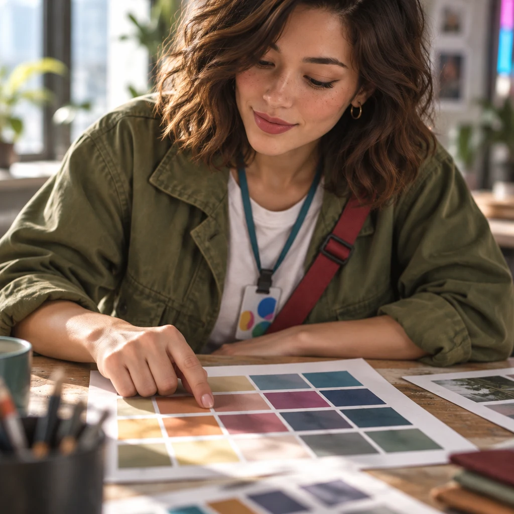 Maya holds a printed layout close, one fingertip on a colour block, pausing as the brief becomes clear.