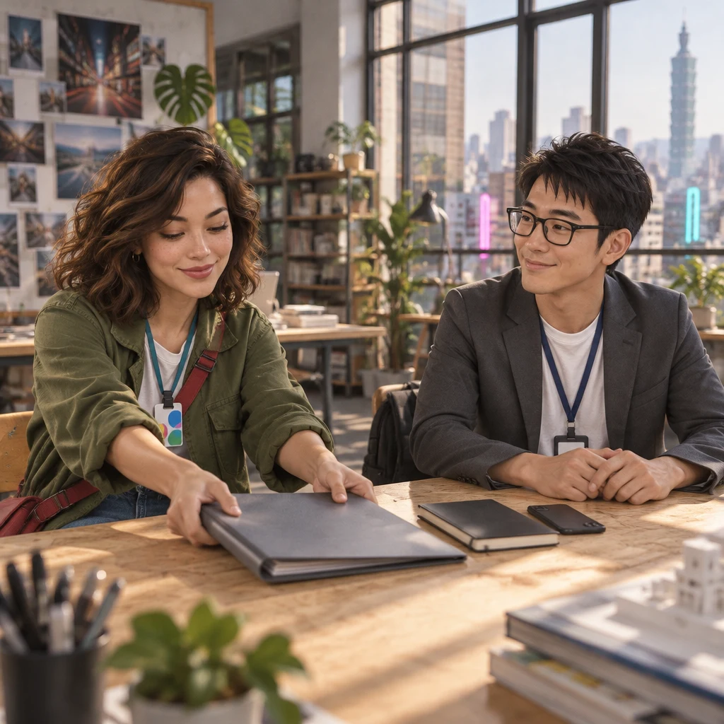 Maya pulls a gray folder toward herself with both hands, taking the work, while Zhi-Ming's hands stay empty.