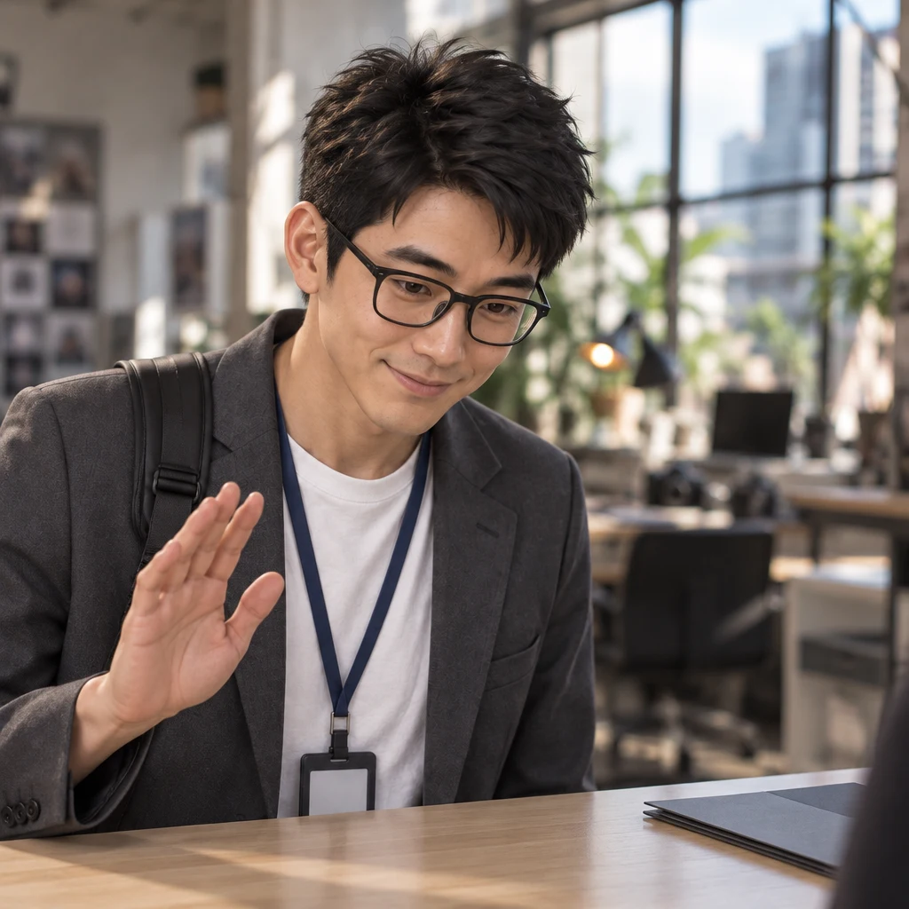 Zhi-Ming gives a compact head-bow and a small acknowledging wave at chest height after Maya has the folder.