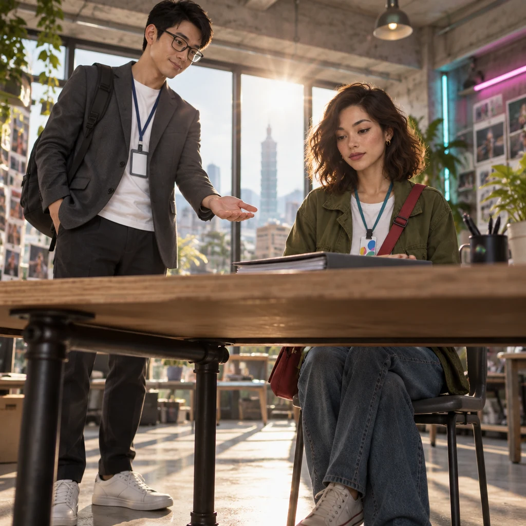 Zhi-Ming turns an open palm toward Maya, handing her the owner's choice, while she sits still with the folder.