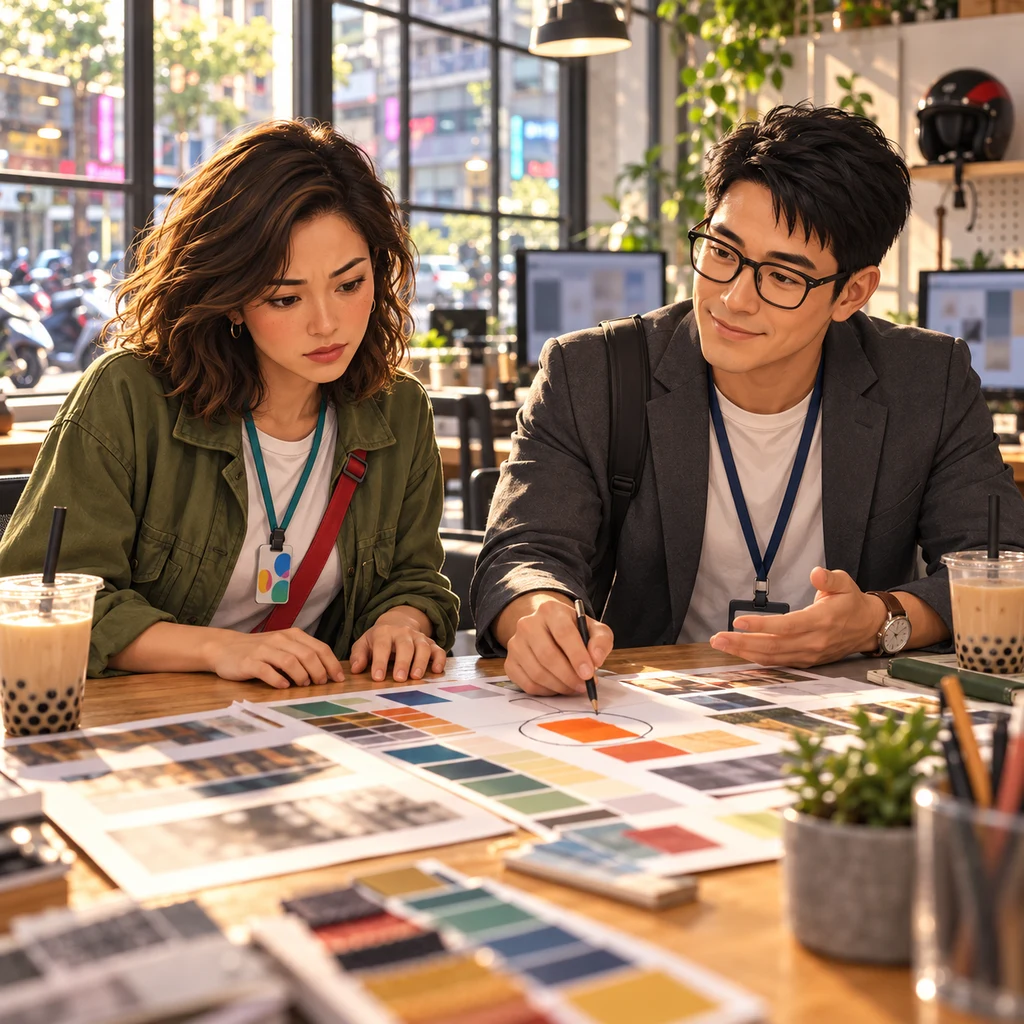 Maya and Zhi-Ming sit across a swatch-covered studio table in afternoon light, a bright orange chip already ink-circled between them.