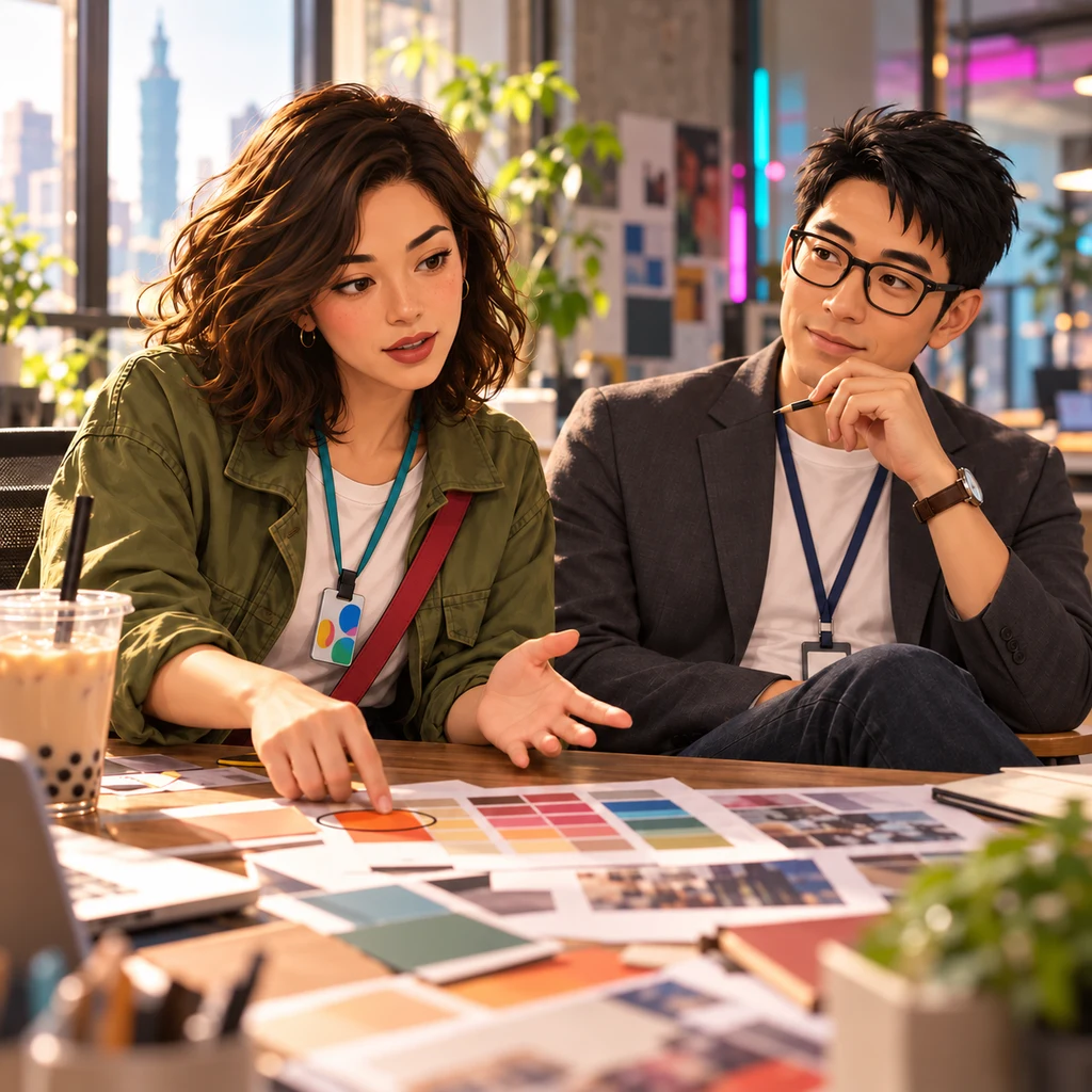 Maya leans forward with an open acknowledging palm toward Zhi-Ming while her other hand hovers over the circled orange swatch.