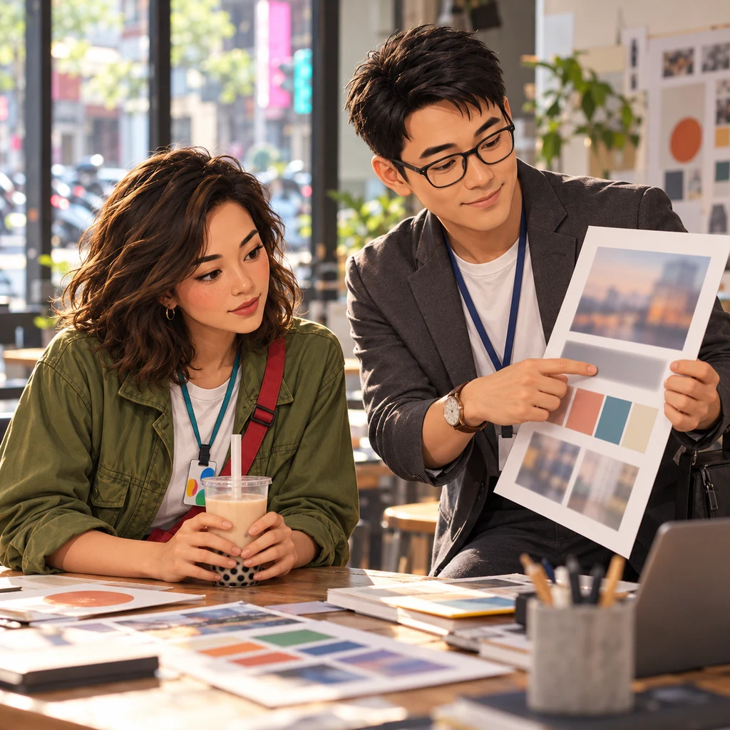 Zhi-Ming rotates a printed layout toward Maya and points at a blurred headline block while she holds a bubble-tea cup in both hands.