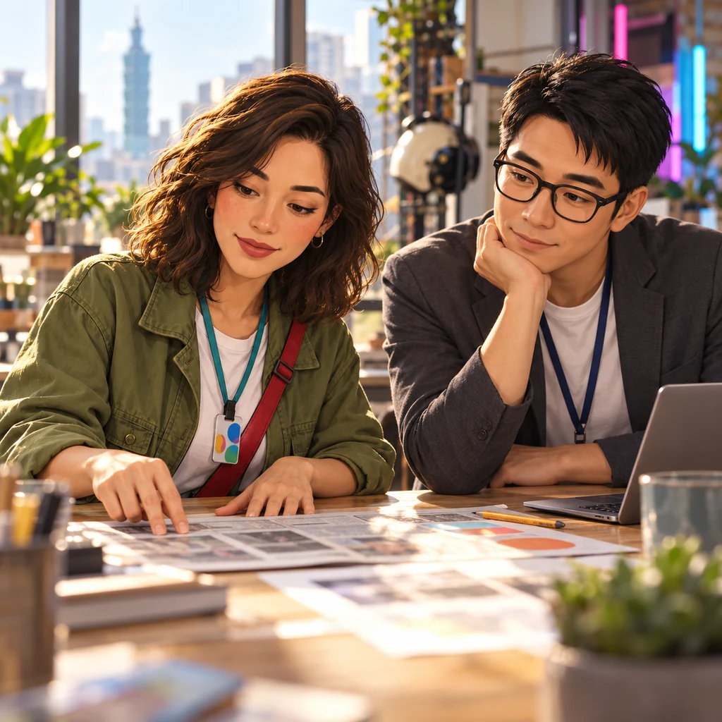 Maya nods while tapping a blurred headline on a print, and Zhi-Ming rests his chin in his palm watching that spot.