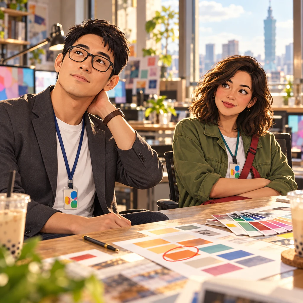 Zhi-Ming looks up and rubs the back of his neck with his pencil down while Maya waits pushed back from the table with loosely crossed arms.