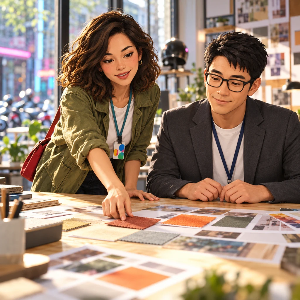 Maya, half-standing, slides a muted terracotta swatch toward Zhi-Ming as a third option while he looks down at it with both hands on the table edge.