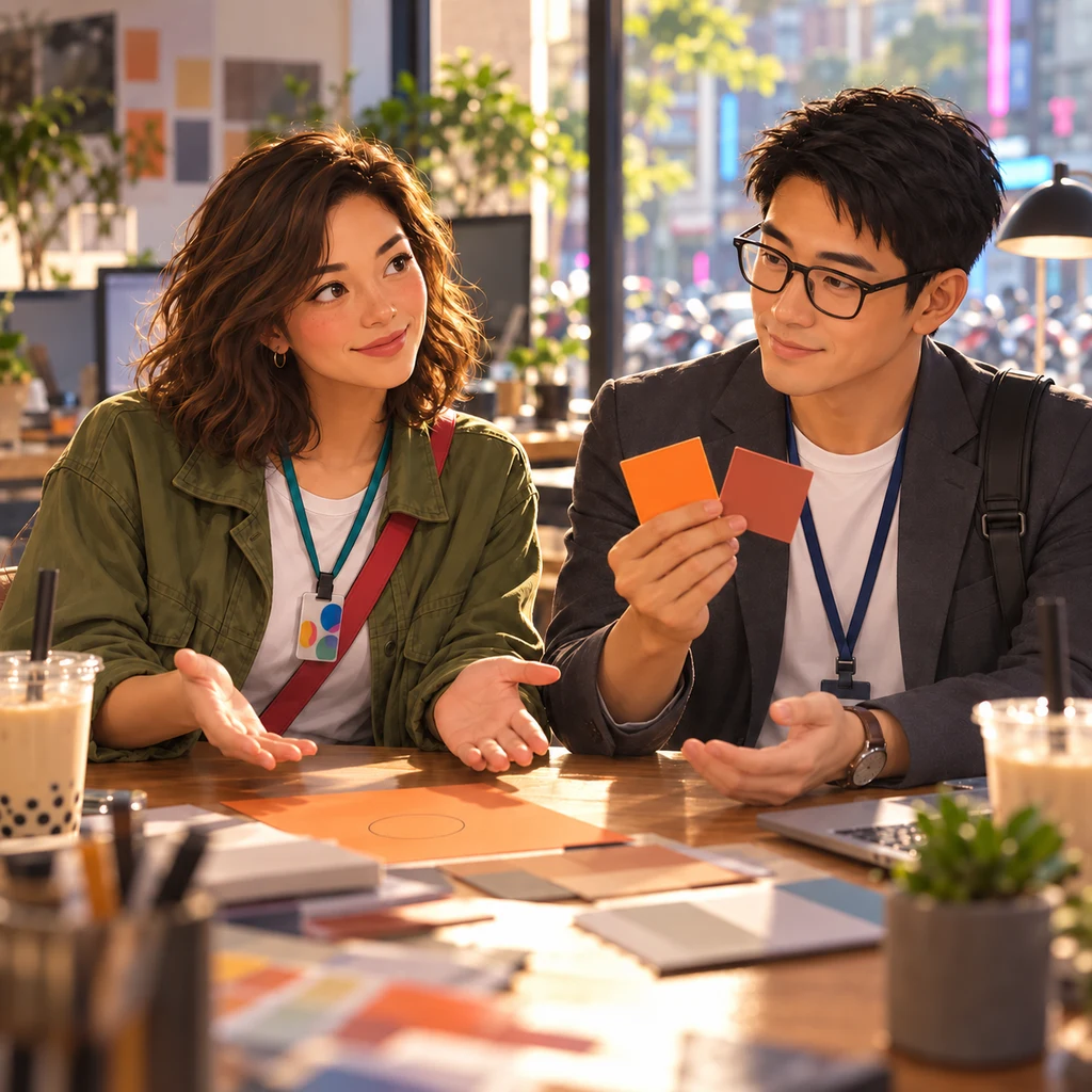 Maya sits square and offers both open palms across the table in a small conciliatory shrug while Zhi-Ming holds the orange and terracotta chips together.