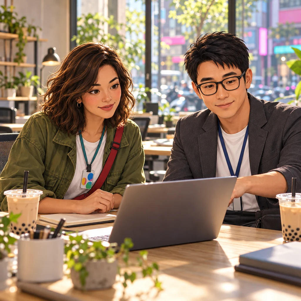 Maya and Zhi-Ming sit across a sunlit Taipei design-studio desk with a blurred laptop between them.
