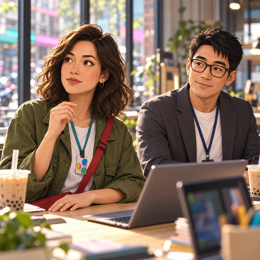 Maya pauses with one hand raised and her gaze off to the side while Zhi-Ming waits across the desk.