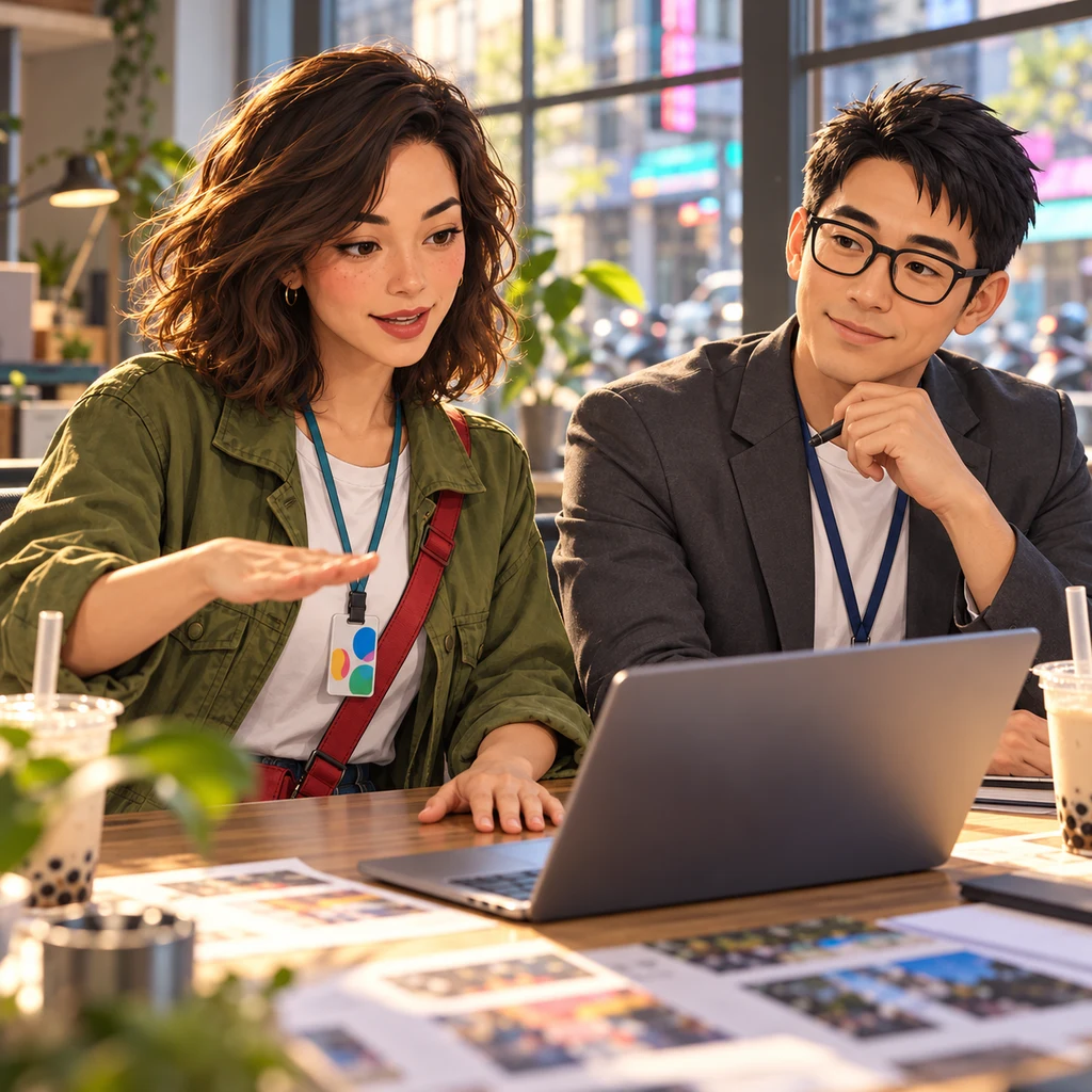 Maya sits tall and plants one hand on the desk, landing the core point with a short decisive gesture.