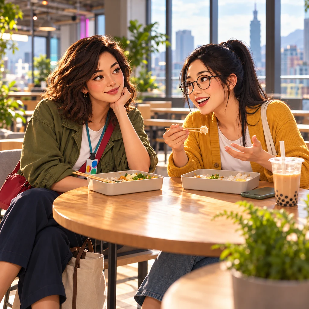 Maya and Yi-Jun sit at a small table by a Da'an coworking window with nearly empty lunch boxes while Yi-Jun gestures at the last grains of rice.