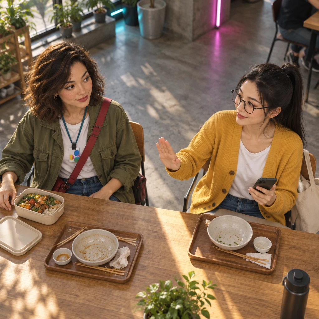 Yi-Jun holds up an open palm in a gentle move-on gesture while Maya sets her lunch box aside.