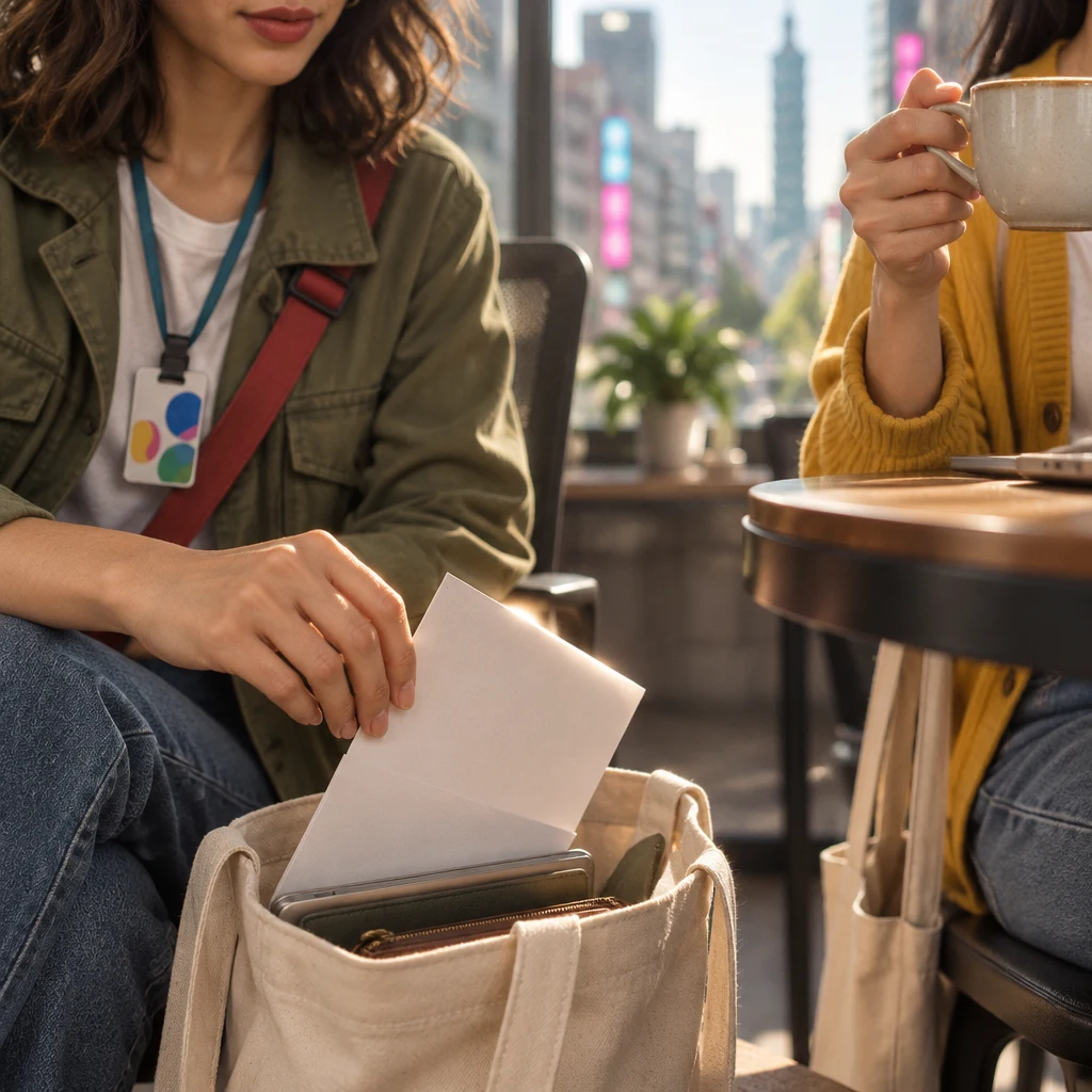 Maya pulls a blank folded paper from a canvas tote while Yi-Jun drinks from a cup.