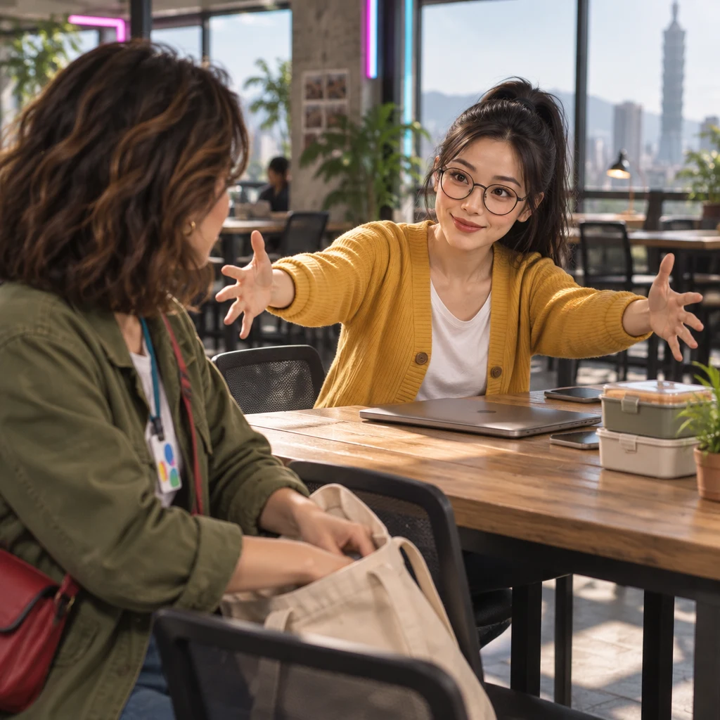 Yi-Jun spreads both hands wide as if showing how A-Li takes two seats while Maya packs her tote.