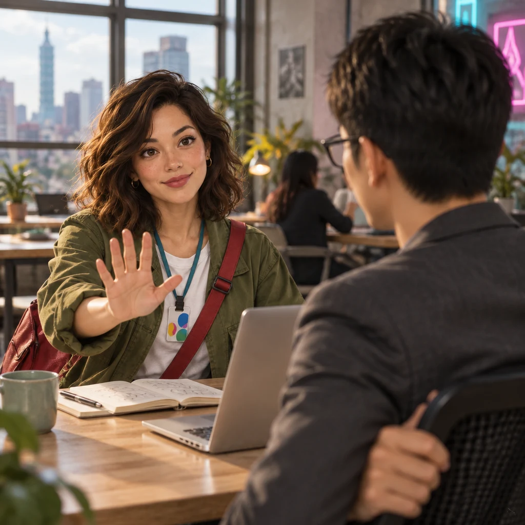 Maya raises an open palm toward Zhi-Ming in a gentle wait gesture while he eases his chair back to give her space.