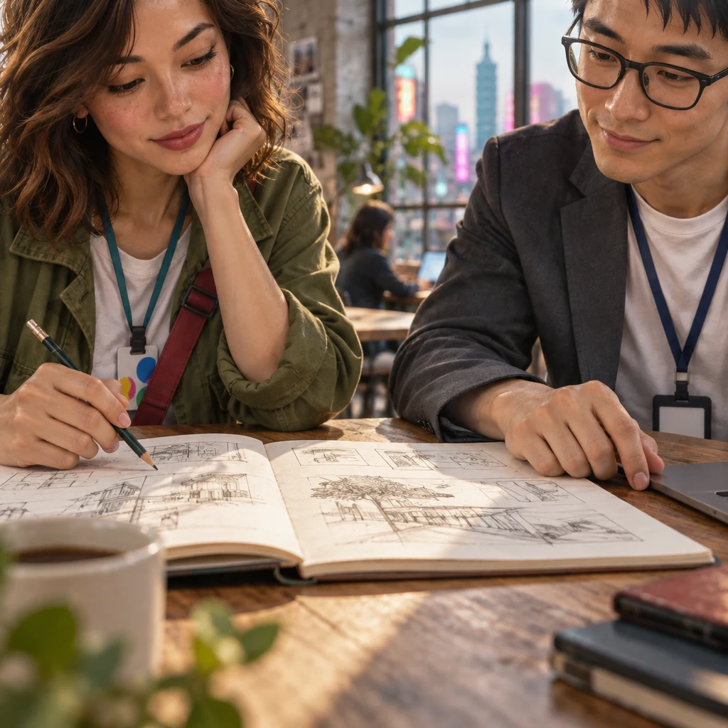 Maya’s pencil hovers above an open sketchbook as she thinks the design over, and Zhi-Ming looks at the same page.