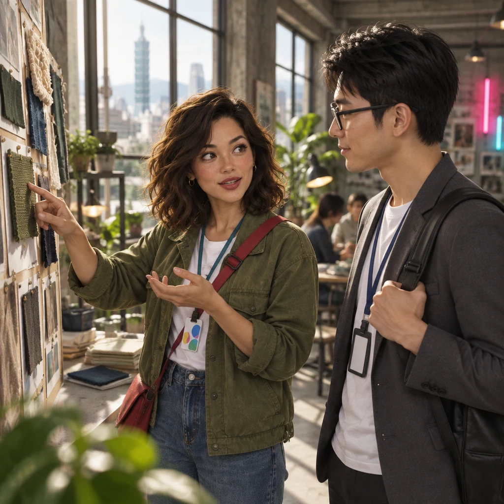 Maya points at a texture on a design board and turns toward Zhi-Ming with a small searching hand motion, hunting for the right word.
