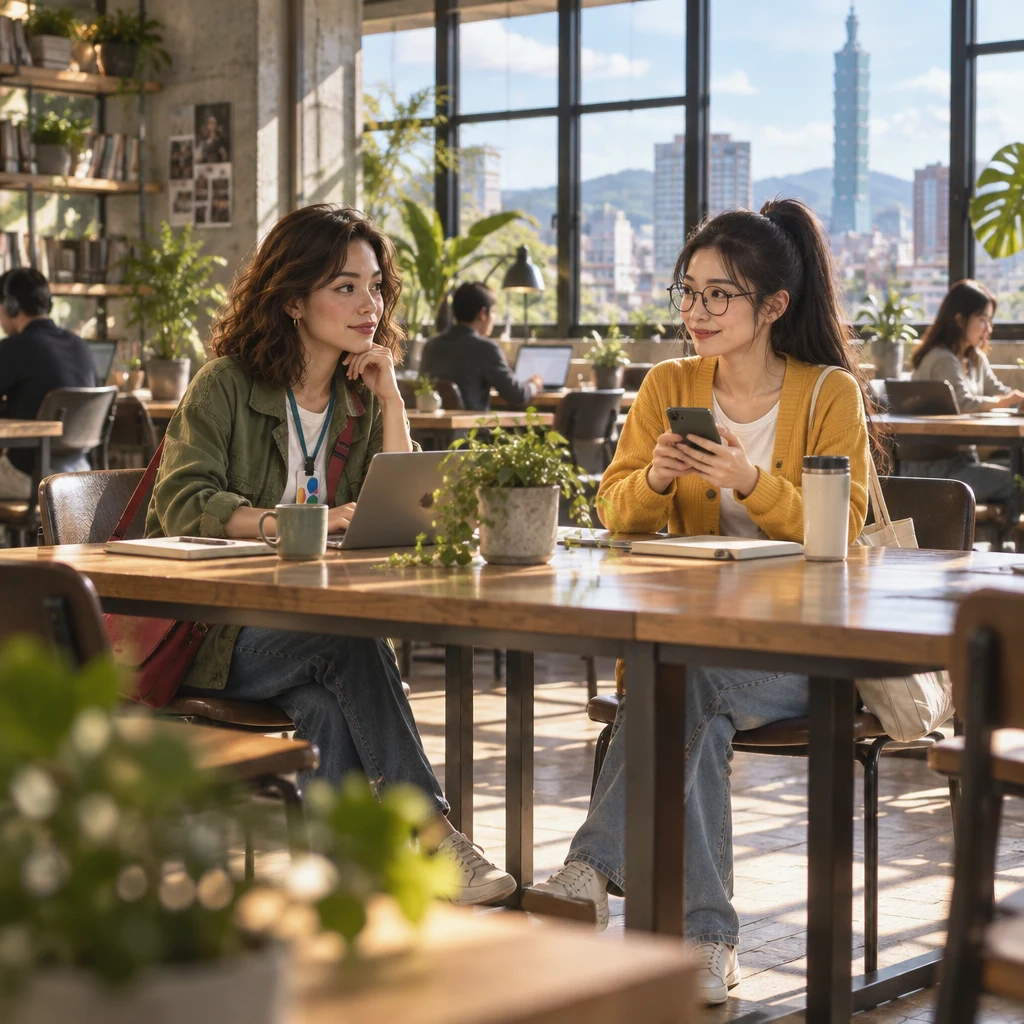 Maya and Yi-Jun sit across a sunlit coworking table, Yi-Jun still holding a phone while Maya faces Yi-Jun ready to listen.