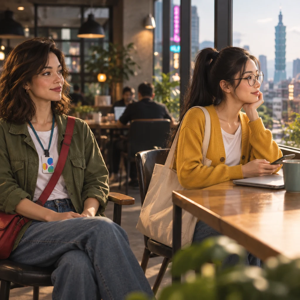 Maya sits back with unhurried hands in the lap while Yi-Jun looks toward the window, given space.