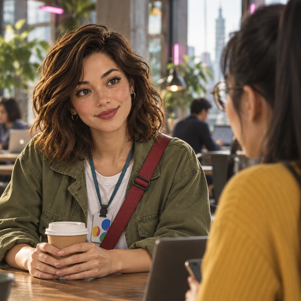 Maya nods with head tilted, holding a paper cup in both hands and looking toward Yi-Jun.