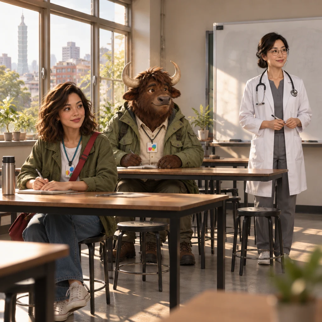 Saturday sun fills a Da'an community classroom where Maya sits for a first tone drill, Dr. Chen stands by the board, and A-Li the yak occupies two stools in the next row.