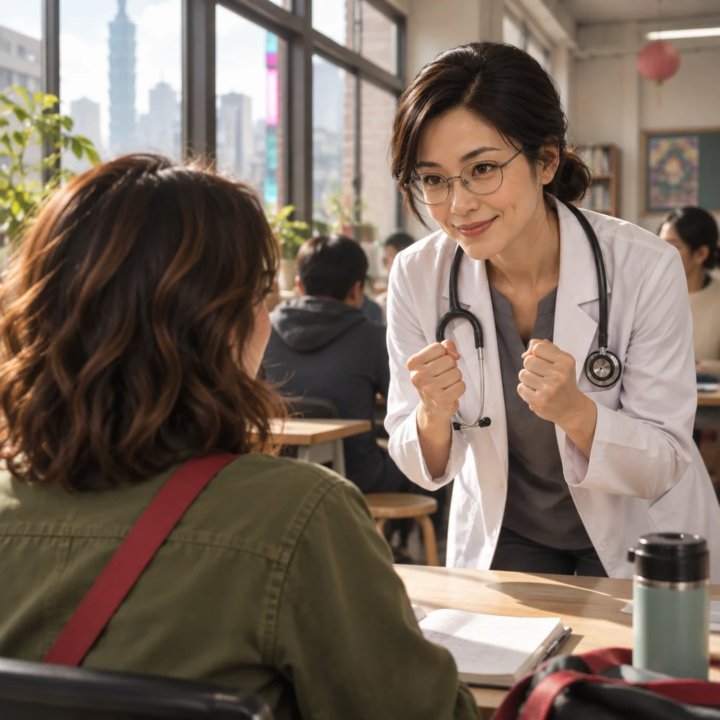 Dr. Chen leans toward seated Maya and pumps both fists in a keep-going pose.