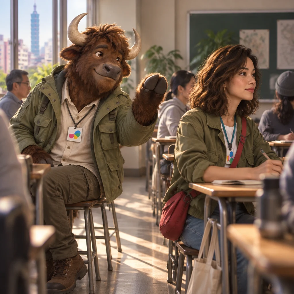 A-Li the yak twists on two stools and lifts one hoof toward Maya in a you-can-do-it pose.