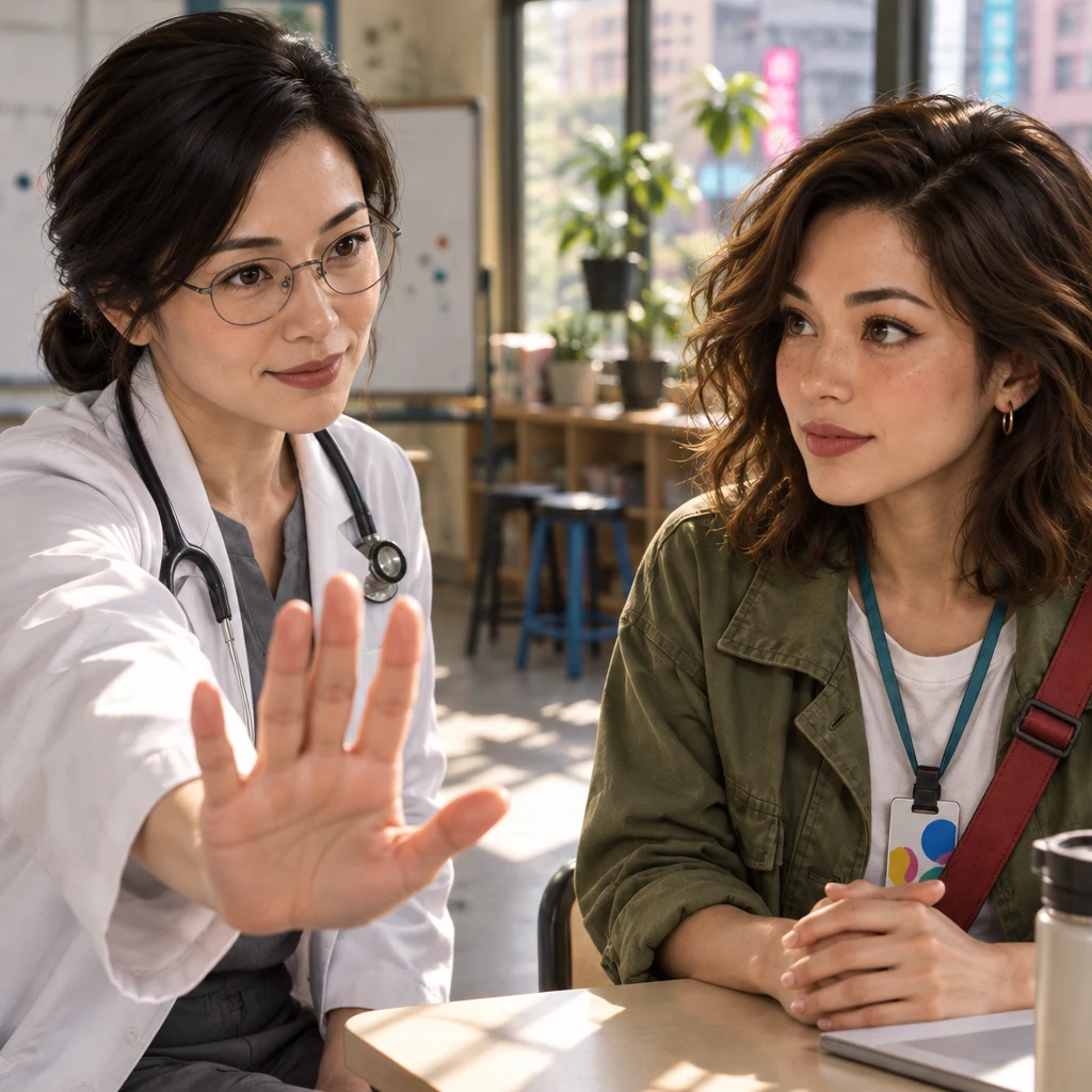 Dr. Chen stands square to Maya with one steady open hand out, blocking any thought of quitting.