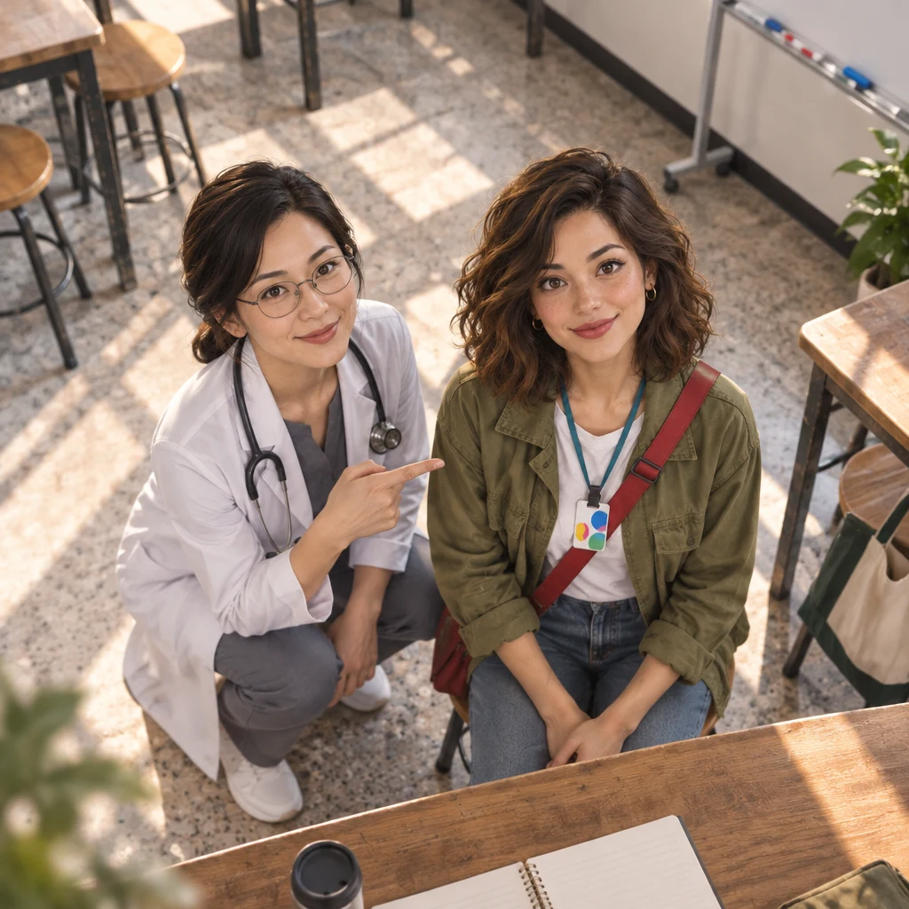 Dr. Chen crouches to Maya's eye level and points at her with a proud nod while Maya sits taller.