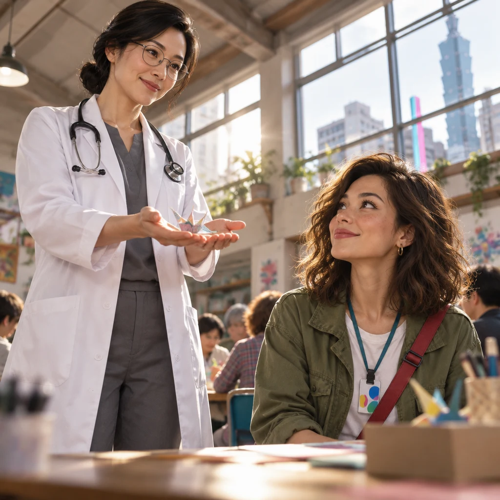 Dr. Chen stands tall with both palms open toward Maya as if presenting her first small success.