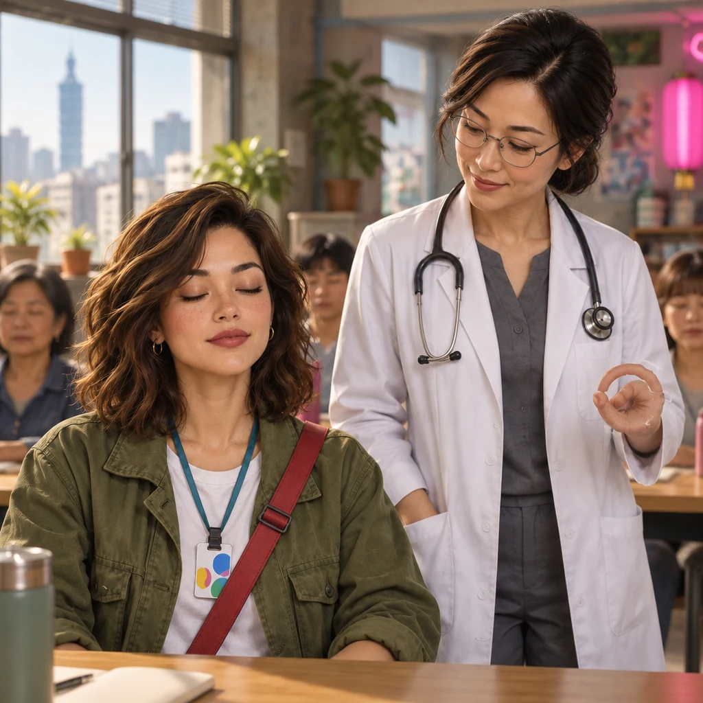 Dr. Chen turns sideways and rolls one hand in a try-again circle while Maya closes her eyes and inhales to start over.