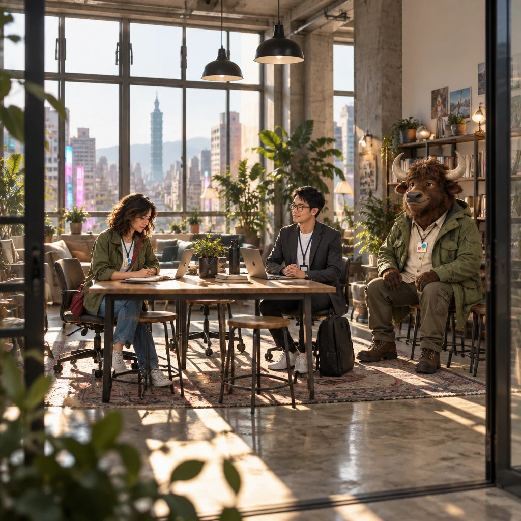 Maya stares at a notebook with a blank gap while Zhi-Ming waits across open laptops and A-Li the yak sits on stools nearby.