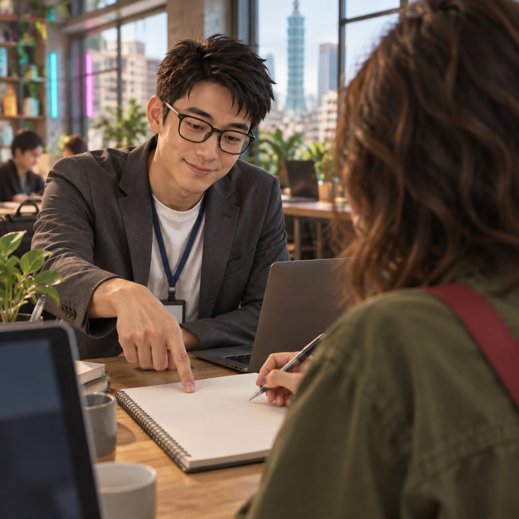 Zhi-Ming leans across the desk and points to the empty band in Maya's notebook while her pen hangs frozen above the paper.