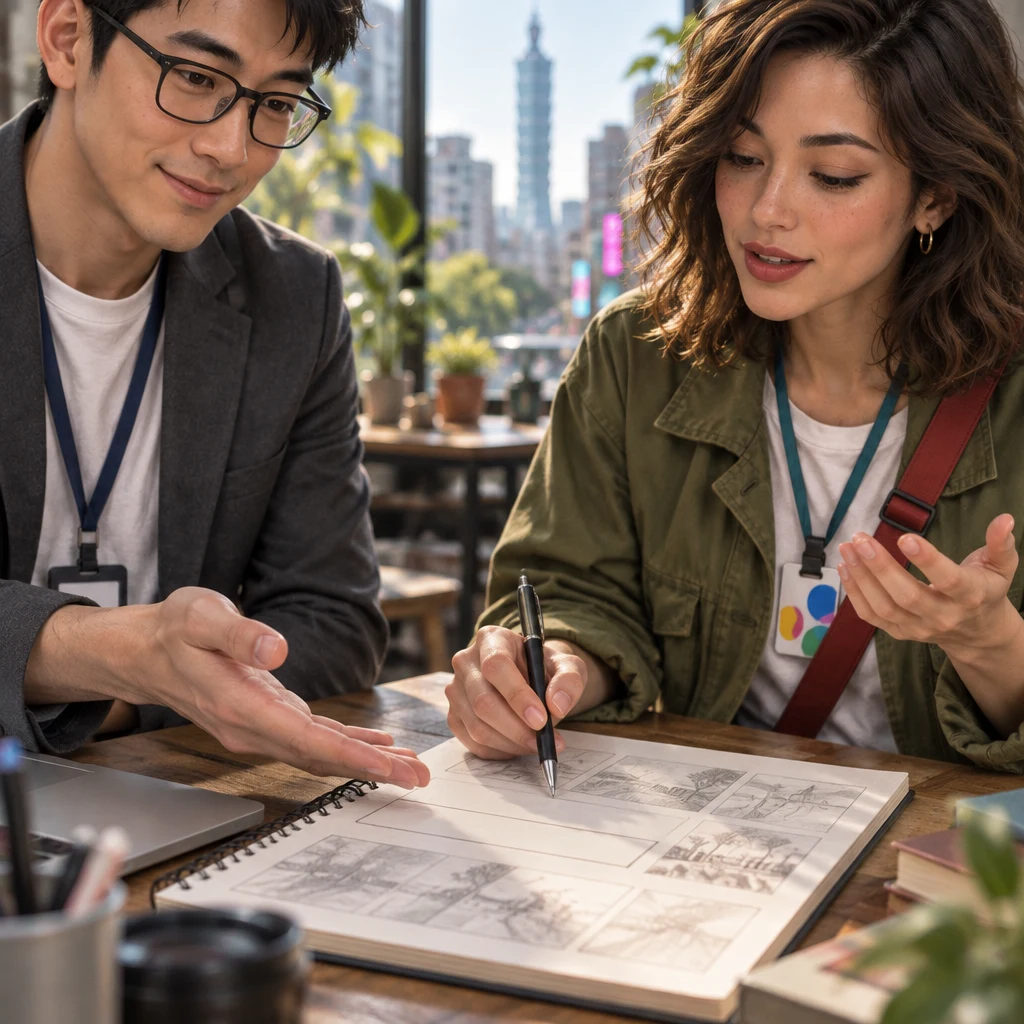 Zhi-Ming holds an open inviting hand while Maya hovers a pen over the empty band and lifts the other hand slightly.