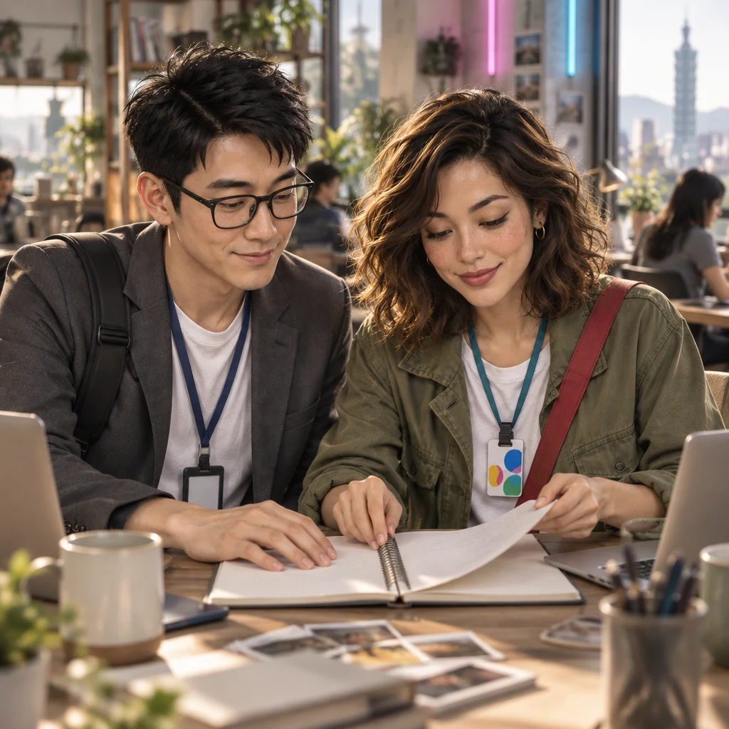 Zhi-Ming rolls a chair in and turns Maya's notebook back toward the beginning while she turns the paper with him.