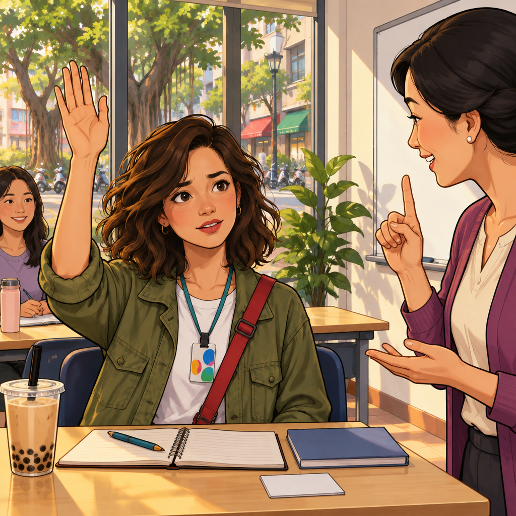 Maya raises her hand to ask the teacher to repeat the new word while the teacher smiles patiently.