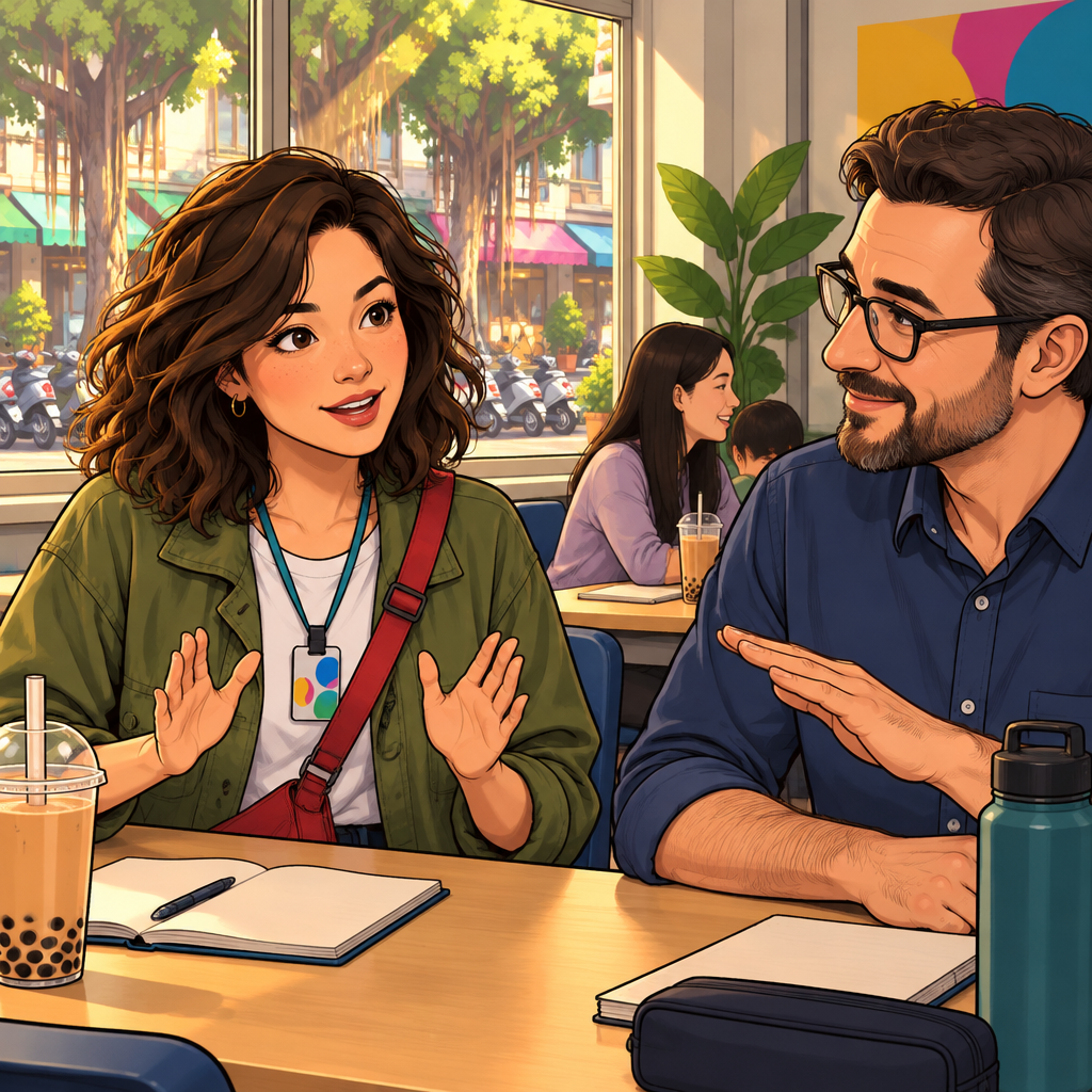 Maya asks the teacher to speak more slowly, using a careful, measured hand gesture.