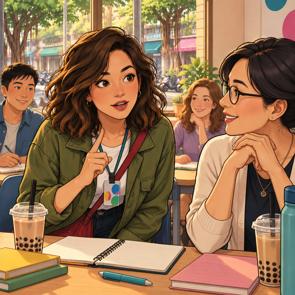 Maya leans toward the teacher with a curious expression and asks if she may ask a question.