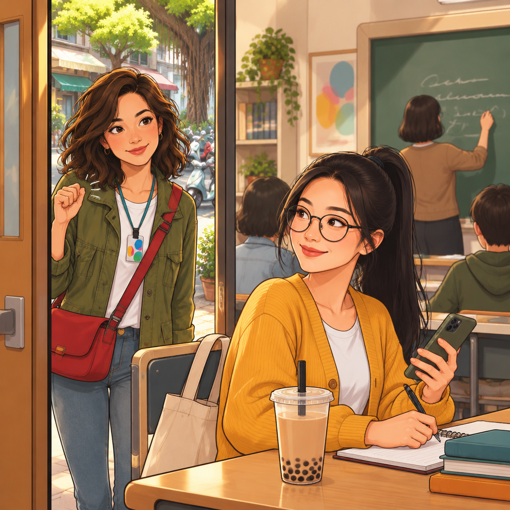 Maya knocks at the classroom door while Yi-Jun sits inside and the teacher writes on the board.