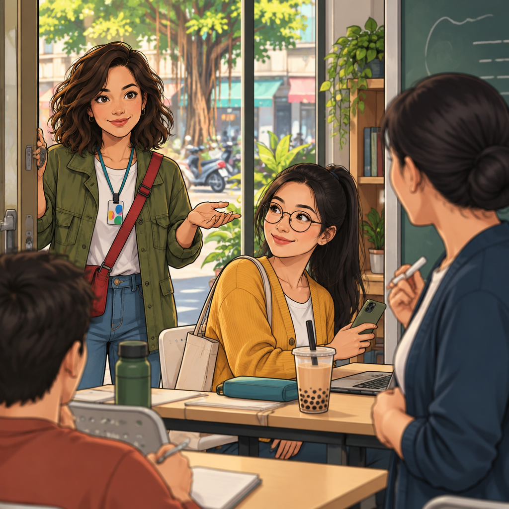 Maya asks the teacher about homework from the classroom doorway while Yi-Jun looks over from inside.