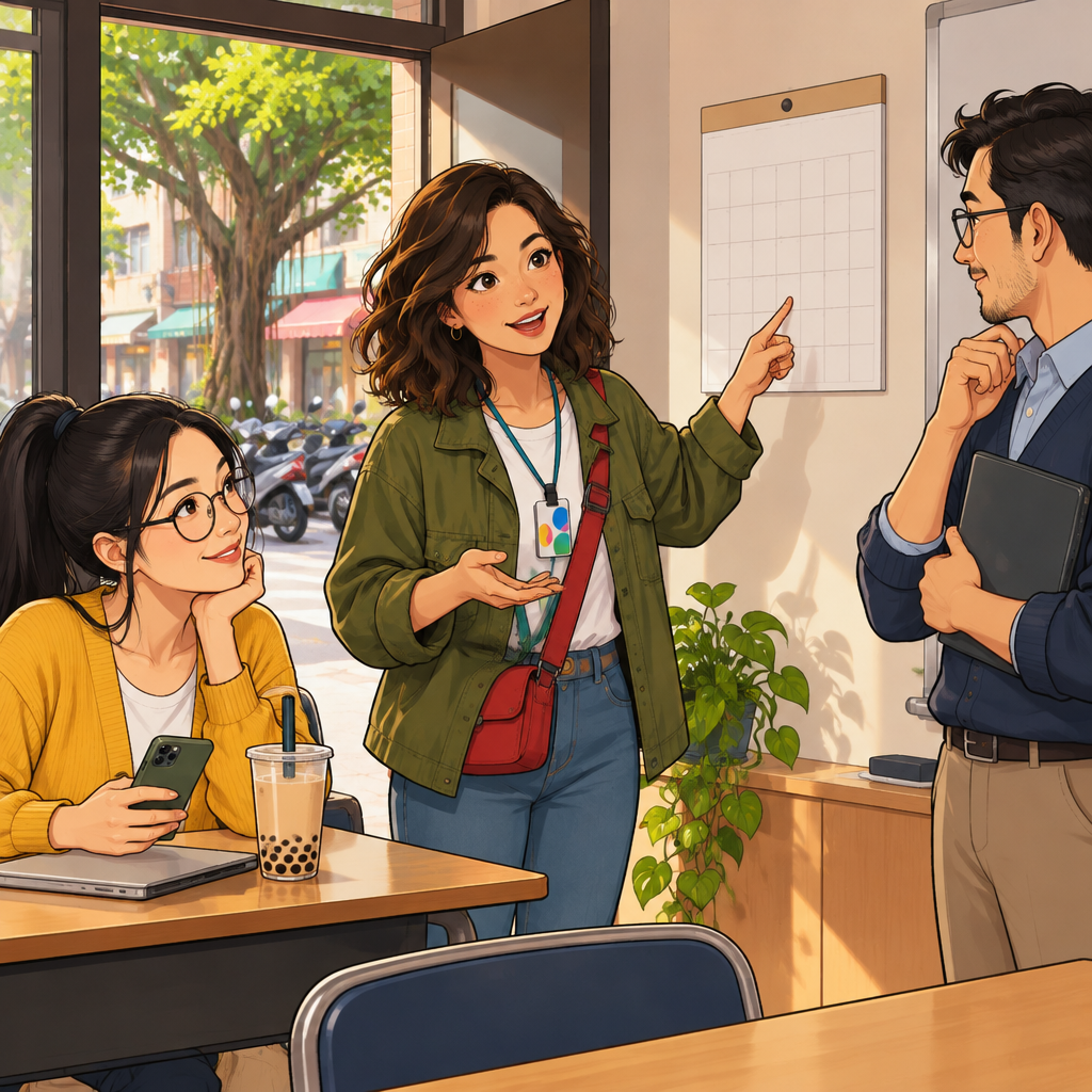 Maya asks when the assignment is due while glancing between the teacher and a blank calendar page.