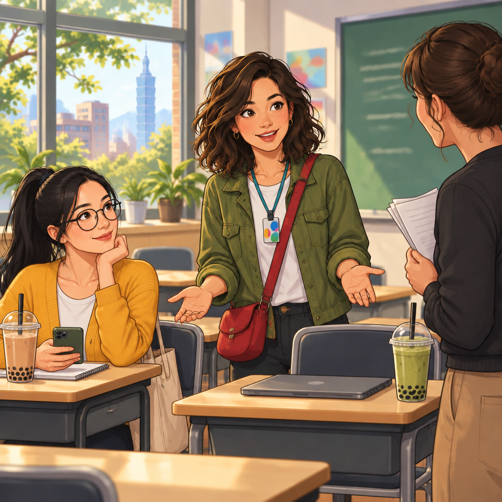 Maya asks whether students should work alone or with a partner, using a gesture to compare the options.