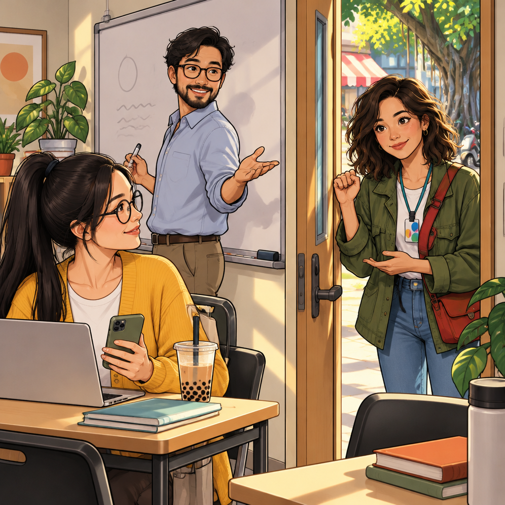 Maya waits at the classroom threshold with a polite knock, asking permission to come in.